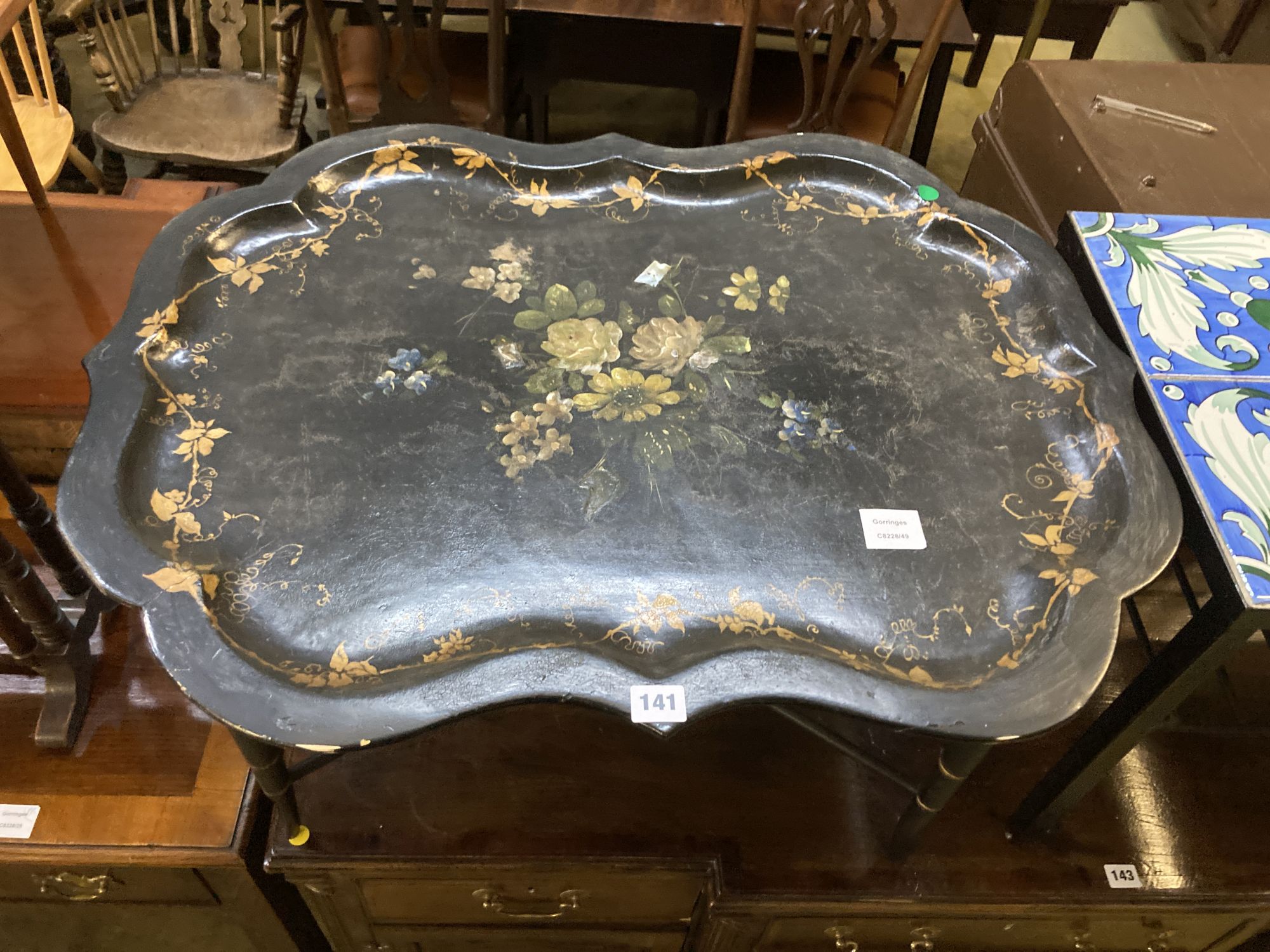 A Victorian papier mache tray top table, width 76cm, depth 58cm, height 47cm